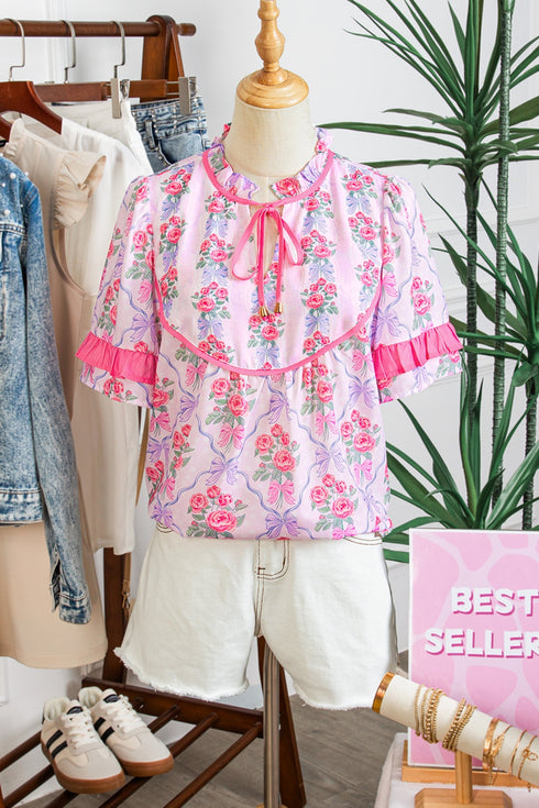 Southern Belle Floral Printed Bow Ruffled Short Sleeve Blouse