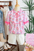 Southern Belle Floral Printed Bow Ruffled Short Sleeve Blouse