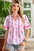 Southern Belle Floral Printed Bow Ruffled Short Sleeve Blouse