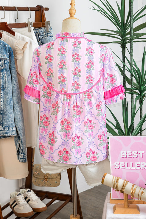 Southern Belle Floral Printed Bow Ruffled Short Sleeve Blouse