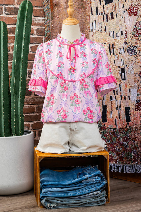 Southern Belle Floral Printed Bow Ruffled Short Sleeve Blouse