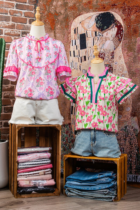 Southern Belle Floral Printed Bow Ruffled Short Sleeve Blouse