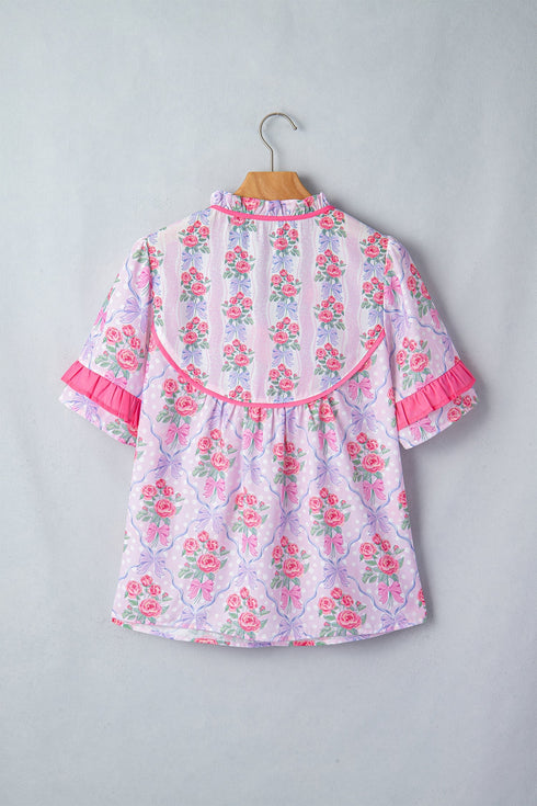 Southern Belle Floral Printed Bow Ruffled Short Sleeve Blouse