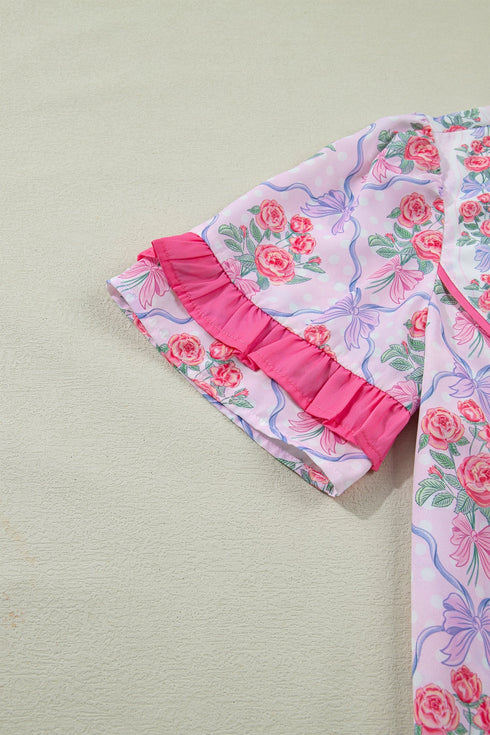 Southern Belle Floral Printed Bow Ruffled Short Sleeve Blouse