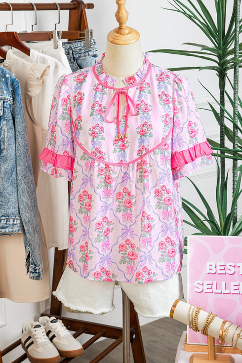 Southern Belle Floral Printed Bow Ruffled Short Sleeve Blouse