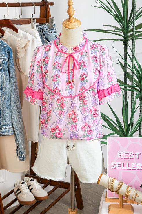 Southern Belle Floral Printed Bow Ruffled Short Sleeve Blouse