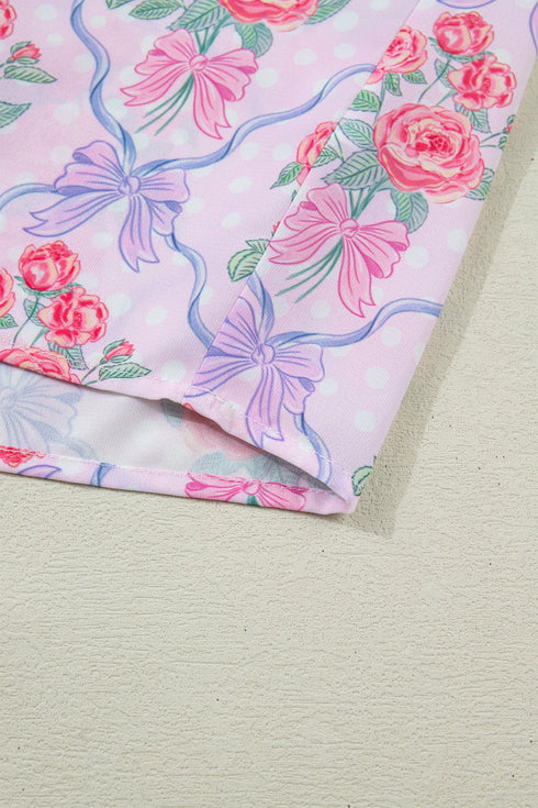 Southern Belle Floral Printed Bow Ruffled Short Sleeve Blouse