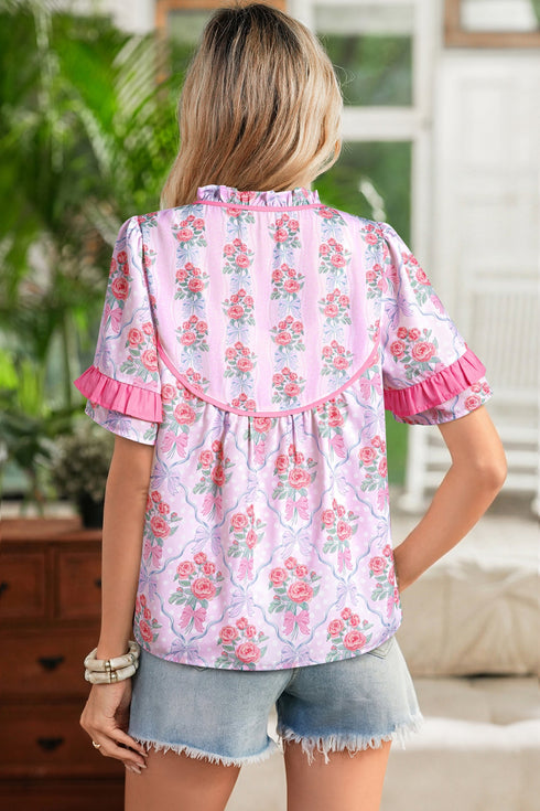 Southern Belle Floral Printed Bow Ruffled Short Sleeve Blouse