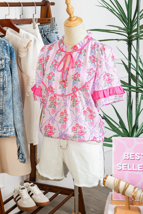 Southern Belle Floral Printed Bow Ruffled Short Sleeve Blouse