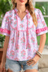 Southern Belle Floral Printed Bow Ruffled Short Sleeve Blouse