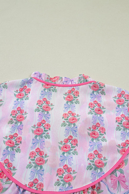 Southern Belle Floral Printed Bow Ruffled Short Sleeve Blouse