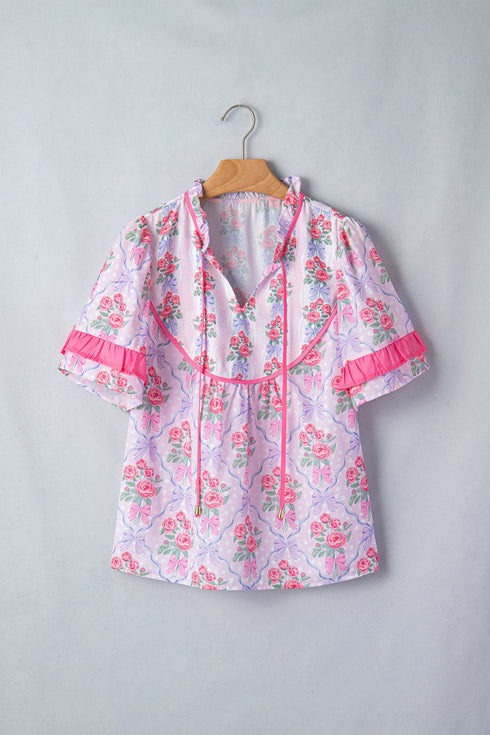 Southern Belle Floral Printed Bow Ruffled Short Sleeve Blouse
