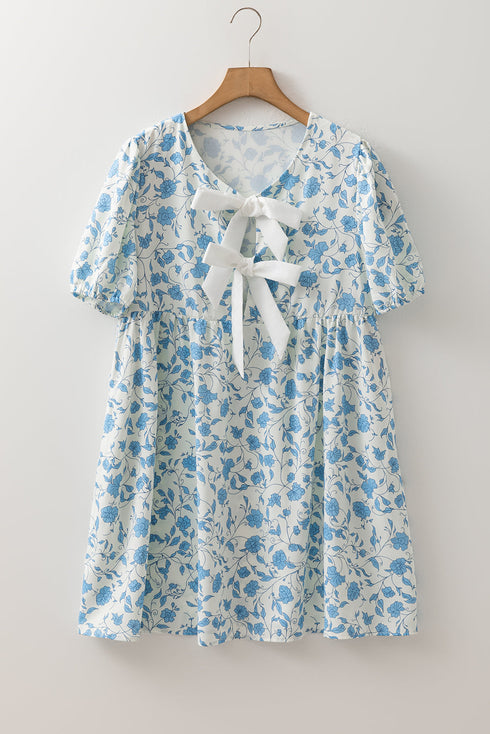 Southern Belle Floral Puff Sleeve Bow Mini Dress