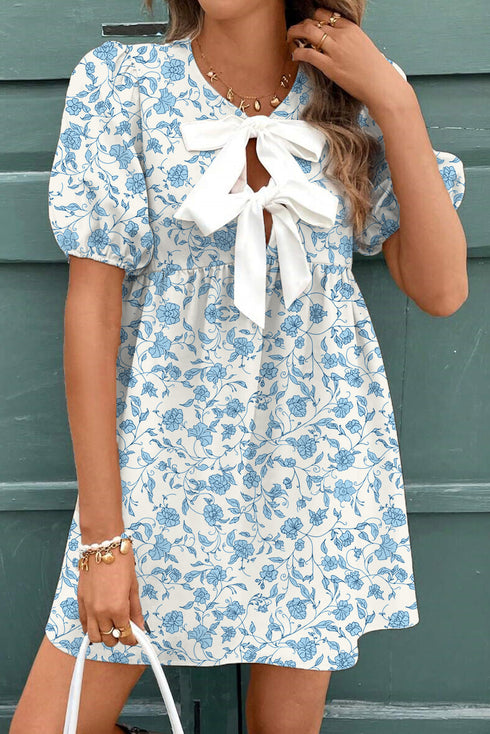 Southern Belle Floral Puff Sleeve Bow Mini Dress