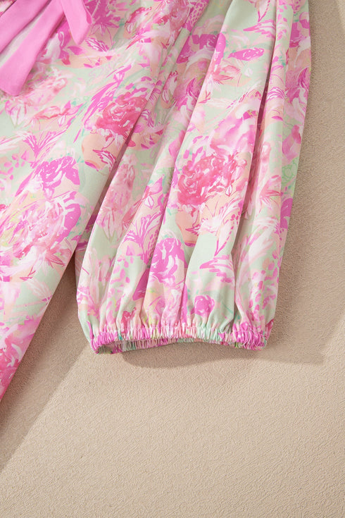 Southern Belle Floral Ribbon Knot Puff Sleeve Blouse