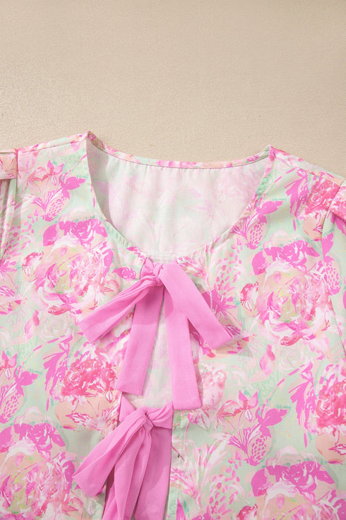 Southern Belle Floral Ribbon Knot Puff Sleeve Blouse