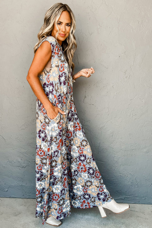Southern Belle Floral Sleeveless Buttoned Wide Leg Jumpsuit