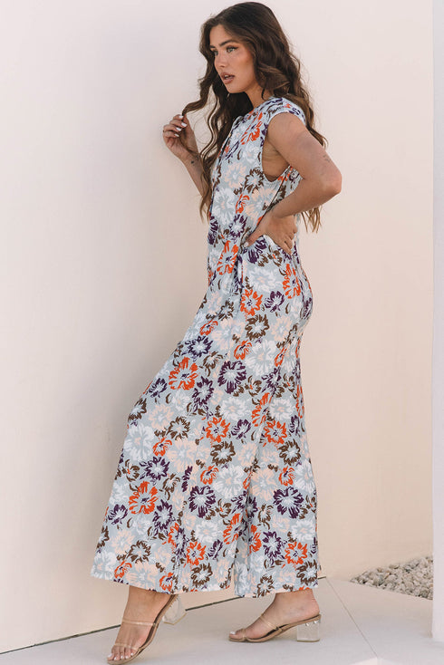 Southern Belle Floral Sleeveless Buttoned Wide Leg Jumpsuit