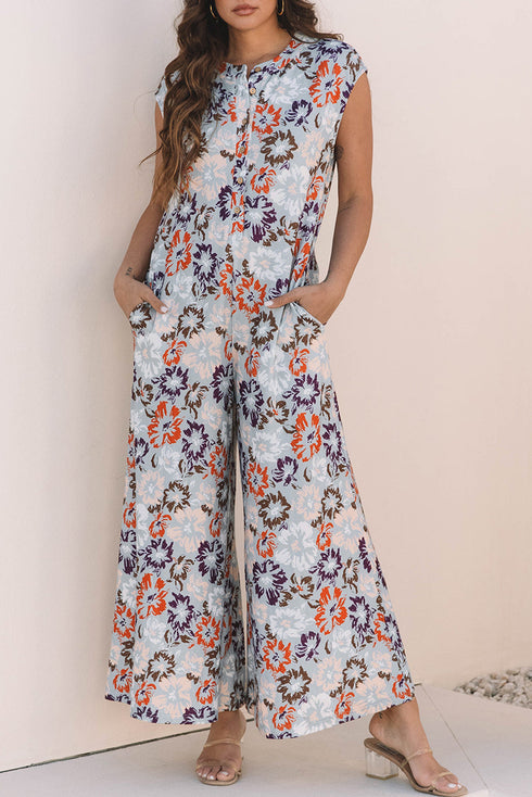 Southern Belle Floral Sleeveless Buttoned Wide Leg Jumpsuit