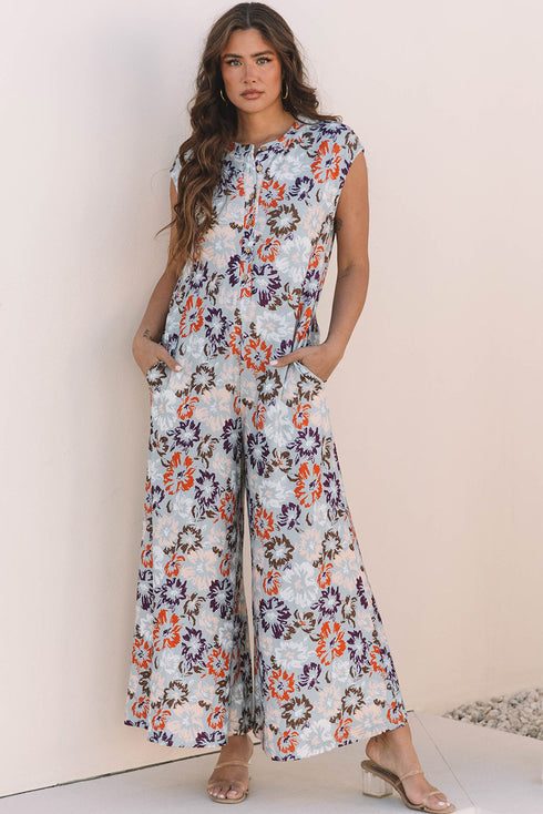 Southern Belle Floral Sleeveless Buttoned Wide Leg Jumpsuit