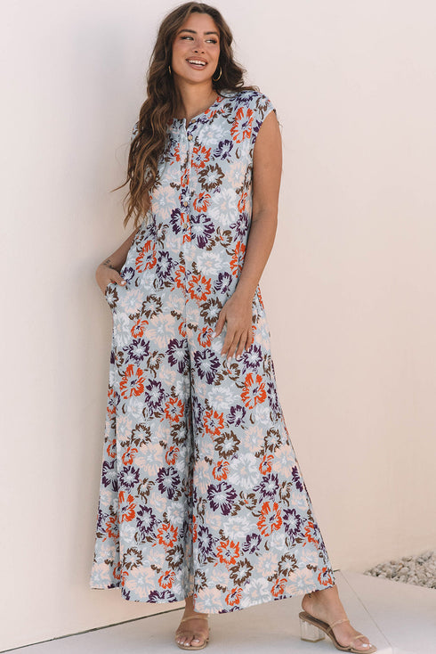 Southern Belle Floral Sleeveless Buttoned Wide Leg Jumpsuit