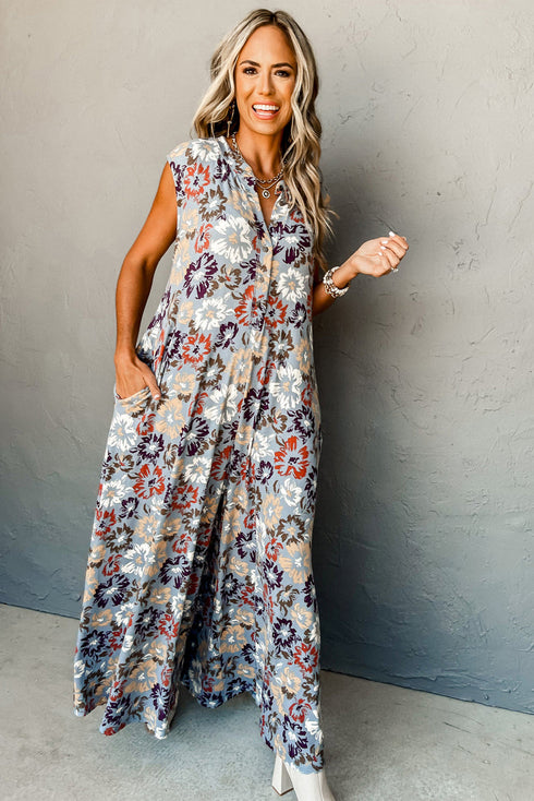 Southern Belle Floral Sleeveless Buttoned Wide Leg Jumpsuit