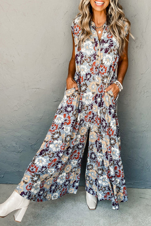 Southern Belle Floral Sleeveless Buttoned Wide Leg Jumpsuit