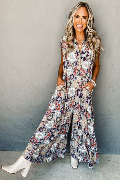Southern Belle Floral Sleeveless Buttoned Wide Leg Jumpsuit
