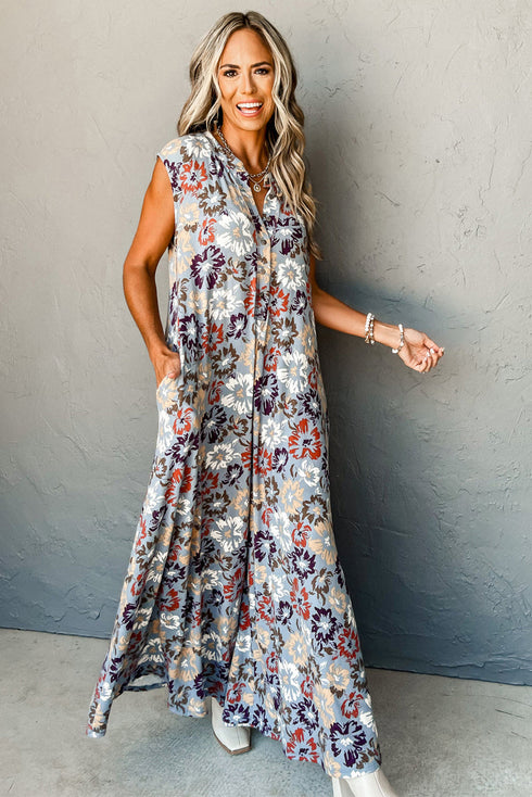 Southern Belle Floral Sleeveless Buttoned Wide Leg Jumpsuit