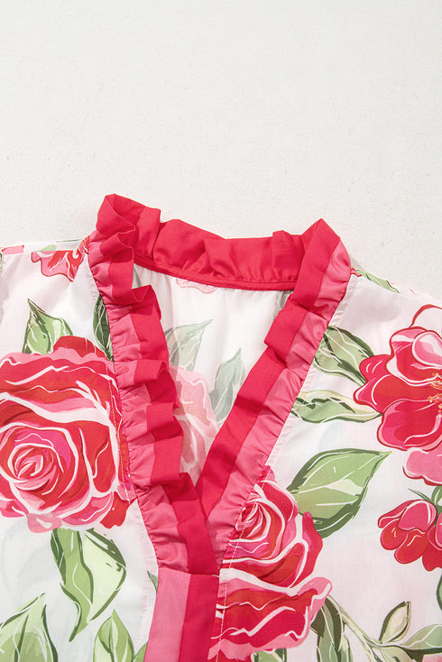 Southern Belle Floral Striped Frilled Short Sleeve Blouse
