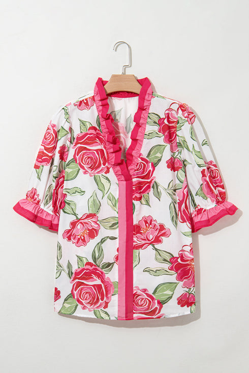 Southern Belle Floral Striped Frilled Short Sleeve Blouse