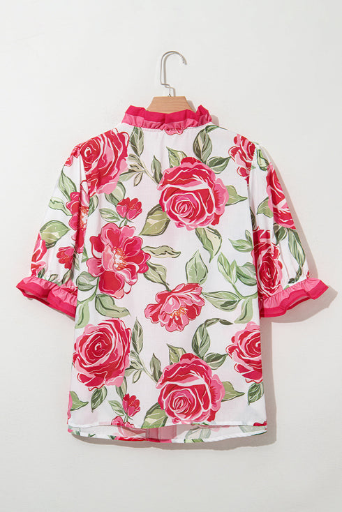 Southern Belle Floral Striped Frilled Short Sleeve Blouse