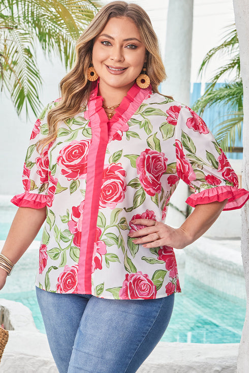 Southern Belle Floral Striped Frilled Short Sleeve Blouse