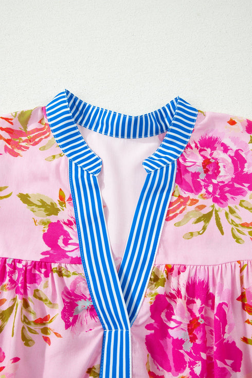 Southern Belle Floral Striped Trim V Neck Blouse