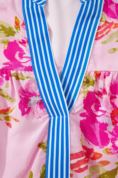 Southern Belle Floral Striped Trim V Neck Blouse
