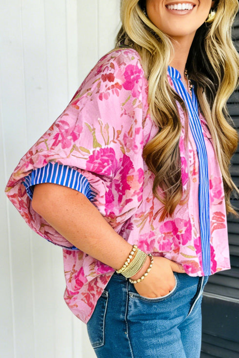 Southern Belle Floral Striped Trim V Neck Blouse