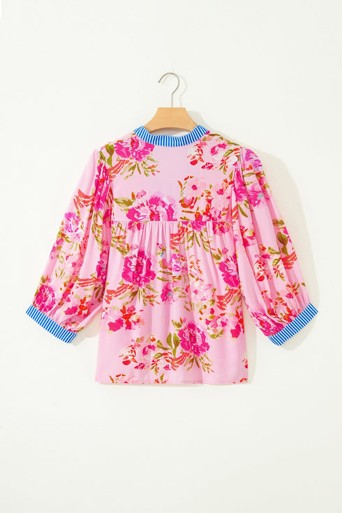 Southern Belle Floral Striped Trim V Neck Blouse