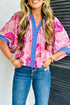 Southern Belle Floral Striped Trim V Neck Blouse