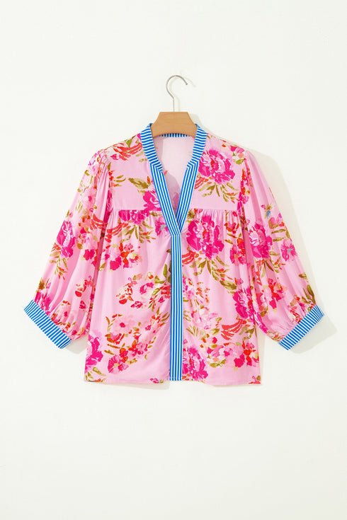 Southern Belle Floral Striped Trim V Neck Blouse
