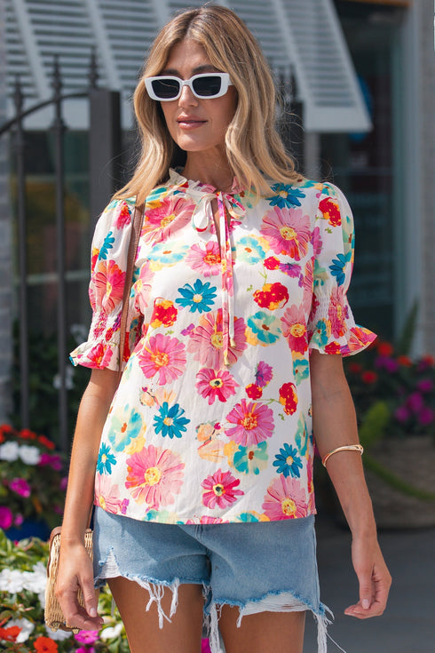 Southern Belle Floral Tie V Neck Puff Sleeve Blouse
