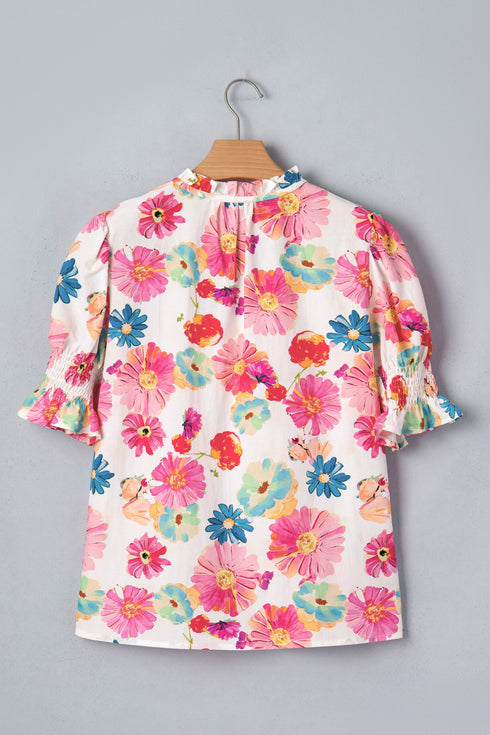 Southern Belle Floral Tie V Neck Puff Sleeve Blouse