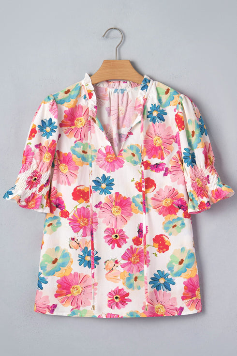 Southern Belle Floral Tie V Neck Puff Sleeve Blouse