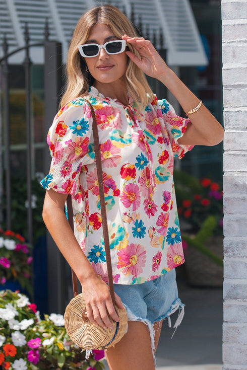 Southern Belle Floral Tie V Neck Puff Sleeve Blouse
