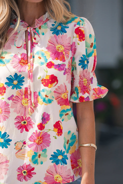 Southern Belle Floral Tie V Neck Puff Sleeve Blouse