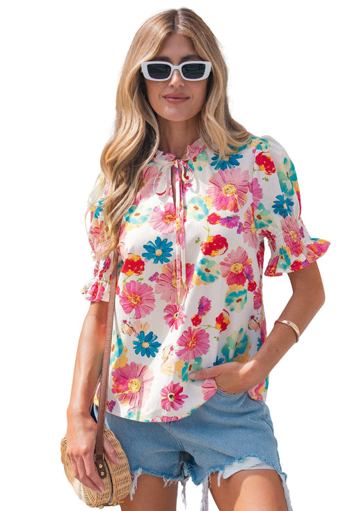 Southern Belle Floral Tie V Neck Puff Sleeve Blouse