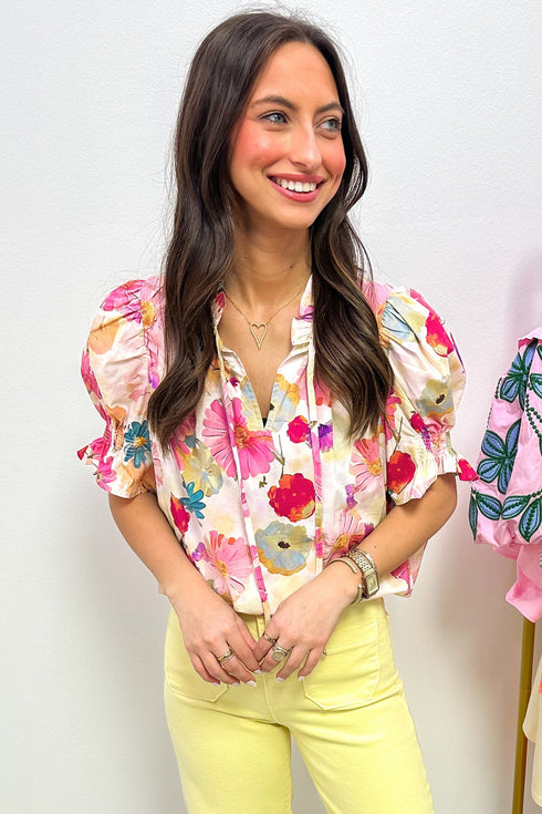 Southern Belle Floral Tie V Neck Puff Sleeve Blouse