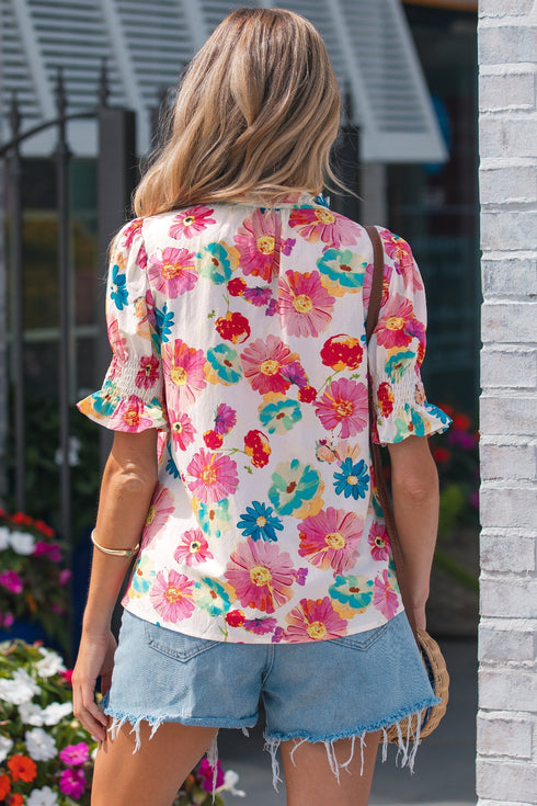 Southern Belle Floral Tie V Neck Puff Sleeve Blouse