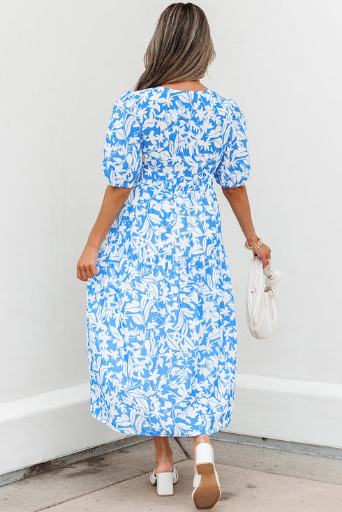 Southern Belle Floral V Neck Puff Sleeve Maxi Dress