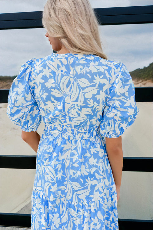 Southern Belle Floral V Neck Puff Sleeve Maxi Dress
