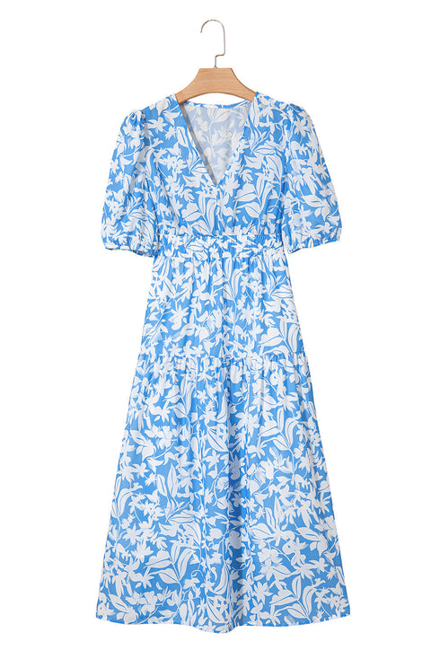 Southern Belle Floral V Neck Puff Sleeve Maxi Dress